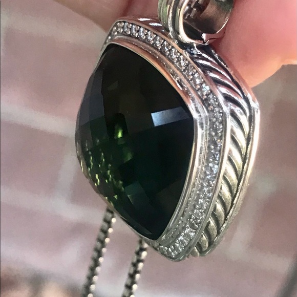 David Yurman 925 Silver Albion 20mm Prasiolite & Diamond Pendant With Chain - Picture 3 of 14